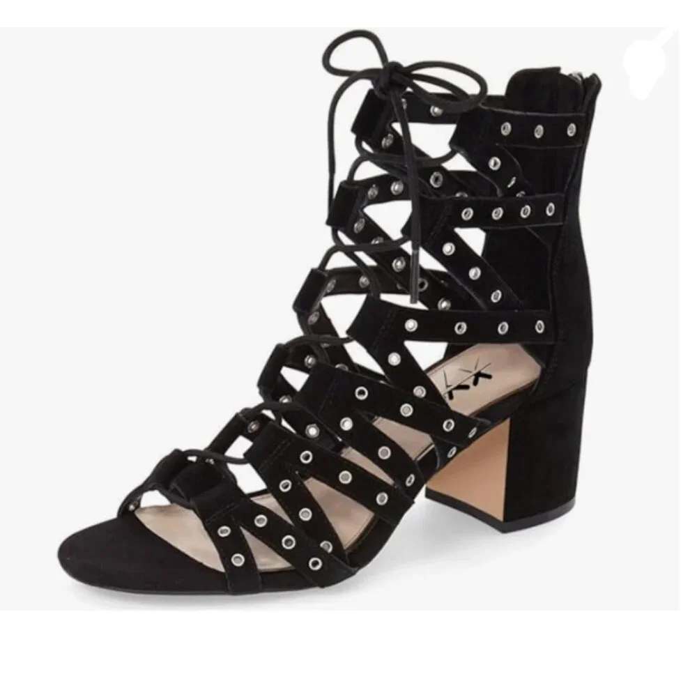 XYD Black Gladiator Caged Block Heel Sandals Open Toe Straps Cutout Zipper Shoes